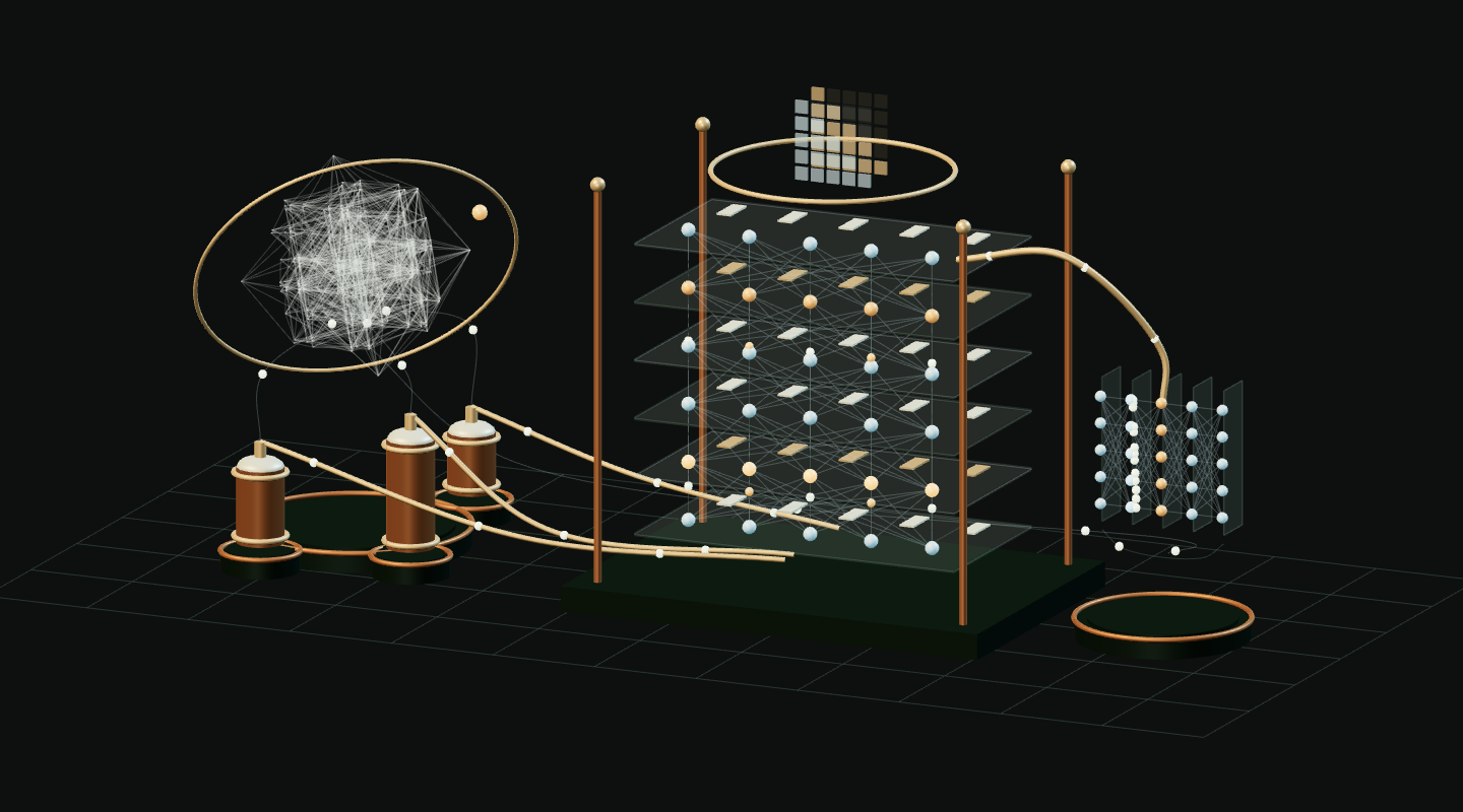A contributor network feeds a model assembled from floating layers, with signals rising through its structure.